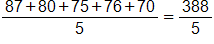 the fraction with numerator 87 plus 80, plus 75, plus 76, plus 70, and denominator 5, equals, the fraction 388 over 5
