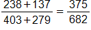 the fraction with numerator 238 plus 137, and denominator 403 plus 279, end fraction, equals the fraction 375 over 682