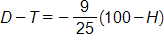D minus T equals, the negative of the fraction 9 over 25, end fraction, times, open parenthesis, 100 minus H, close parenthesis