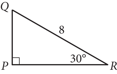 The figure presents triangle P Q R, where side P R is horizontal, and point Q is directly above point P. Angle P is a right angle. Angle R is labeled 30 degrees and side Q R is labeled 8.