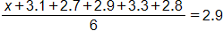 the fraction with numerator x plus 3 point 1, plus 2 point 7, plus 2 point 9, plus 3 point 3, plus 2 point 8, and denominator 6, equals 2 point 9