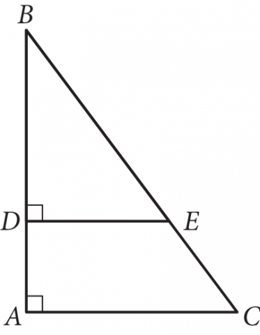 The figure presents right triangle A, B C, with horizontal side A, C. Point B is directly above point A and angle A is a right angle. Point D lies on side A, B and point E lies on side B C. Horizontal line segment D E is drawn and angle D is a right angle.