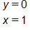 Equation 1: y equals 0. Equation 2: x equals 1