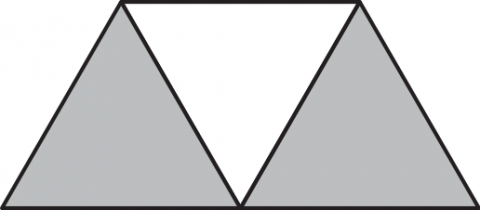 The figure presents a trapezoid, which consists of three congruent equilateral triangles. Two of the triangles are shaded, and each of those triangles shares a side with the unshaded triangle.