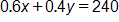 zero point 6 x, plus zero point 4 y, equals 240