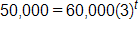 50,000 equals, 60,000 times, open parenthesis, 3, close parenthesis, to the power t