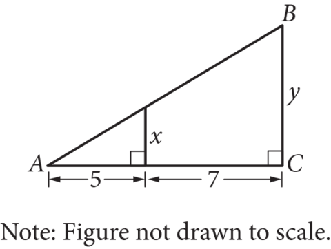 The figure presents right triangle A B C, where angle C is a right angle. Side A C is horizontal, such that vertex A is to the left of vertex C, and vertex B is directly above vertex C. A vertical line segment is drawn from a point on side A B to a point on side A C and divides side A C into two segments. The length of the segment between vertex A and the vertical line segment is labeled 5 and the length of the segment between the vertical line segment and vertex C is labeled 7. The vertical line segment is labeled x. Side B C is labeled y. A note states the figure is not drawn to scale.