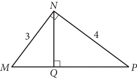 The figure presents right triangle M N P. Side M P is horizontal, with vertex M to the left of vertex P. Vertex N lies above side M P, and angle N is a right angle. Point Q lies on horizontal side M P directly below vertex N. Vertical line segment N Q is drawn, forming right triangles M N Q and Q N P. Side M N is labeled 3 and side N P is labeled 4.