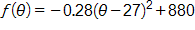 f of theta equals, negative 0 point 2 8, times, open parenthesis, theta minus 27, close parenthesis, squared, plus 880