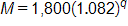 M equals 1,800 times, 1 point 0 8 2, to the power q
