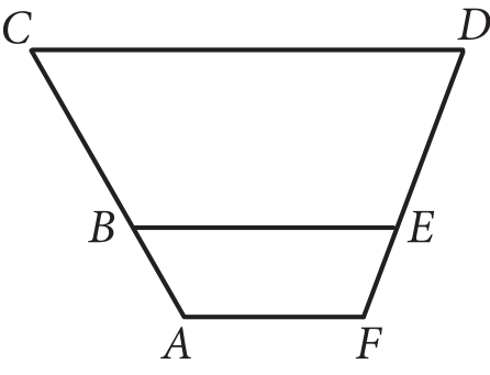 The figure presents quadrilateral A, C D F, where side A, F and side C D are horizontal, and side C D lies above side A, F. Side C D is longer than side A, F. Point B lies on left side A, C, and point E lies on right side D F. Line segment B E, which is horizontal, divides quadrilateral A, C D F into two quadrilaterals, A, B E F and B C D E.