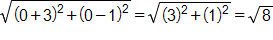 the square root of, open parenthesis, 0 plus 3, close parenthesis, squared, plus, open parenthesis, 0 minus 1, close parenthesis, squared, end root, equals, the square root of, open parenthesis, 3, close parenthesis, squared, plus open parenthesis, 1, close parenthesis, squared, end root, which equals the square root of 8