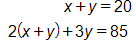 Equation 1: x plus y, equals 20. Equation 2: 2 times, open parenthesis, x plus y, close parenthesis, plus 3 y, equals 85.