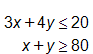 3 x plus 4 y, is less than or equal to 20, and, x plus y, is greater than or equal to 80
