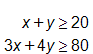 x plus y, is greater than or equal to 20, and, 3 x plus 4 y, is greater than or equal to 80
