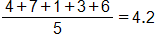 the fraction with numerator 4, plus 7, plus 1, plus 3, plus 6, and denominator 5, equals 4 point 2