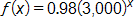 f of x equals, 0 point 9 8, times open parenthesis, 3,000, close parenthesis, to the x power