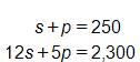 Equation 1: s plus p, equals 250. Equation 2: 12 s plus 5 p, equals 2,300.