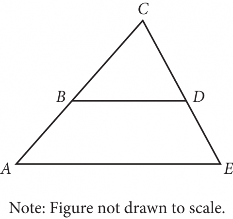 The figure presents triangle A C E, where side A E is horizontal and vertex E is to the right of vertex A. Vertex C lies above side A E. Point B lies on side A C, point D lies on side C E, and line segment B D is drawn. A note states that the figure is not drawn to scale.
