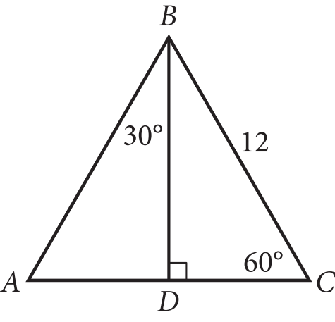 The figure presents triangle A, B C, where side A, C is horizontal and point B is above side A, C. Point D lies on side A, C, and line segment B D is drawn, forming right angle B D C. Side B C is labeled 12. Angle A, B D is labeled 30 degrees and angle B C D is labeled 60 degrees.
