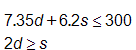 7 point three five d, plus, 6 point 2 s, is less than or equal to 300, and, 2 d is greater than or equal to s
