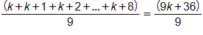 the fraction with numerator open parenthesis, k plus, k plus 1, plus, k plus 2, plus, dot dot dot, plus, k plus 8, close parenthesis, and denominator 9, equals, the fraction with numerator, open parenthesis, 9 k plus 36, close parenthesis, and denominator 9