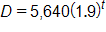 D equals, 5,640 times, open parenthesis, 1 point 9, close parenthesis, to the t power