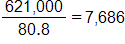 the fraction 621,000 over 80 point 8, end fraction, equals 7,686
