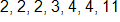 The seven data values 2, 2, 2, 3, 4, 4, 11 are shown.