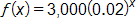 f of x equals, 3,000, times open parenthesis, 0 point 0 2, close parenthesis, to the x power
