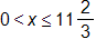 zero is less than x, which is less than or equal to 11 and two-thirds