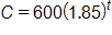C equals, 600 times, open parenthesis, 1 point 8 5, close parenthesis, raised to the t power