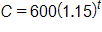 C equals, 600 times, open parenthesis, 1 point 1 5, close parenthesis, raised to the t power