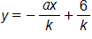 y equals, the negative of the fraction a, x, over k, end fraction, plus, the fraction 6 over k