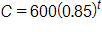C equals, 600 times, open parenthesis, 0 point 8 5, close parenthesis, raised to the t power