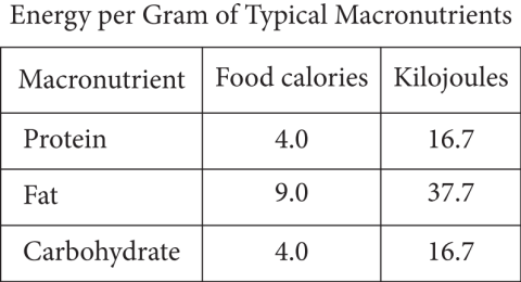 The figure presents a 3-column table, with 3 rows of data, titled “Energy per Gram of Typical Macronutrients.” The heading for column 1 is “Macronutrient,” the heading for column 2 is “Food calories,” and the heading for column 3 is “Kilojoules.” The 3 rows of data are as follows. Row 1.Macronutrient, Protein; Food calories, 4 point zero; Kilojoules, 16 point 7. Row 2. Macronutrient, Fat; Food calories, 9 point zero; Kilojoules, 37 point 7. Row 3. Macronutrient, Carbohydrate; Food calories, 4 point zero; Kilojoules, 16 point 7.