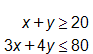 x plus y, is greater than or equal to 20, and, 3 x plus 4 y, is less than or equal to 80
