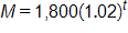 M equals 1,800 times, 1 point 0 2, to the power t