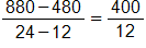 the fraction with numerator 880 minus 480, and denominator 24 minus 12, end fraction, equals, the fraction 400 over 12