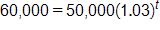 60,000 equals, 50,000 times, open parenthesis, 1 point 0 3, close parenthesis, to the power t