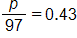 the fraction p over 97, equals 0 point 4 3