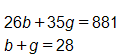 26 b plus 35 g, equals 881, 
and,
b plus g, equals 28
