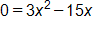 0 equals, 3 x squared, minus 15 x