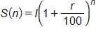 S of n equals, I times, open parenthesis, 1 plus r over 100, close parenthesis, to the n power