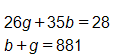 26 g plus 35 b, equals 28, and, b plus g, equals 881
