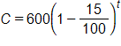 C equals, 600 times, open parenthesis, 1 minus the fraction 15 over 100, close parenthesis, to the t power  