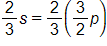 two thirds s equals, two thirds times, three halves p