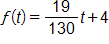 f of t equals, the fraction 19 over 130, end fraction, t plus 4