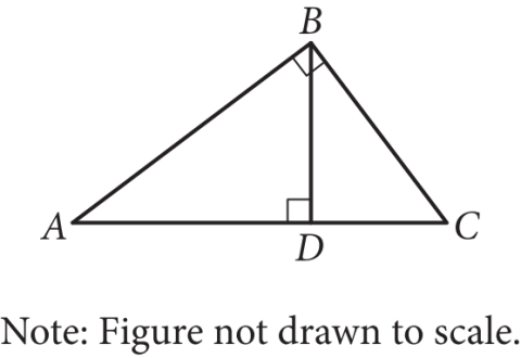 The figure presents right triangle A B C . Side A C is horizontal, vertex C is to the right of vertex A, vertex B is above side A C , and angle A B C is a right angle. Point D lies on side A C, directly below vertex B, and vertical line segment B D is drawn, dividing triangle A B C into two smaller triangles, triangle A B D and triangle B D C. Angle A D B is a right angle. A note states that the figure is not drawn to scale.