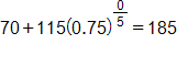 70 plus 115, times, open parenthesis, 0 point 7 5, close parenthesis, raised to the power zero fifths, equals 185